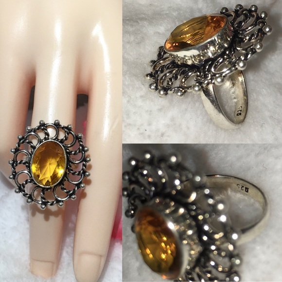 Honey Citrine Gemstone Handmade Rustic Halo Ring - Picture 2 of 4